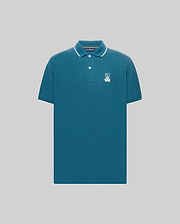 Mens Aram Pique Polo, a classic fit teal pique polo shirt with white tipped collar and cuffs, two-button placket, and an embroidered white Psycho Bunny skull logo on the left chest. (5)