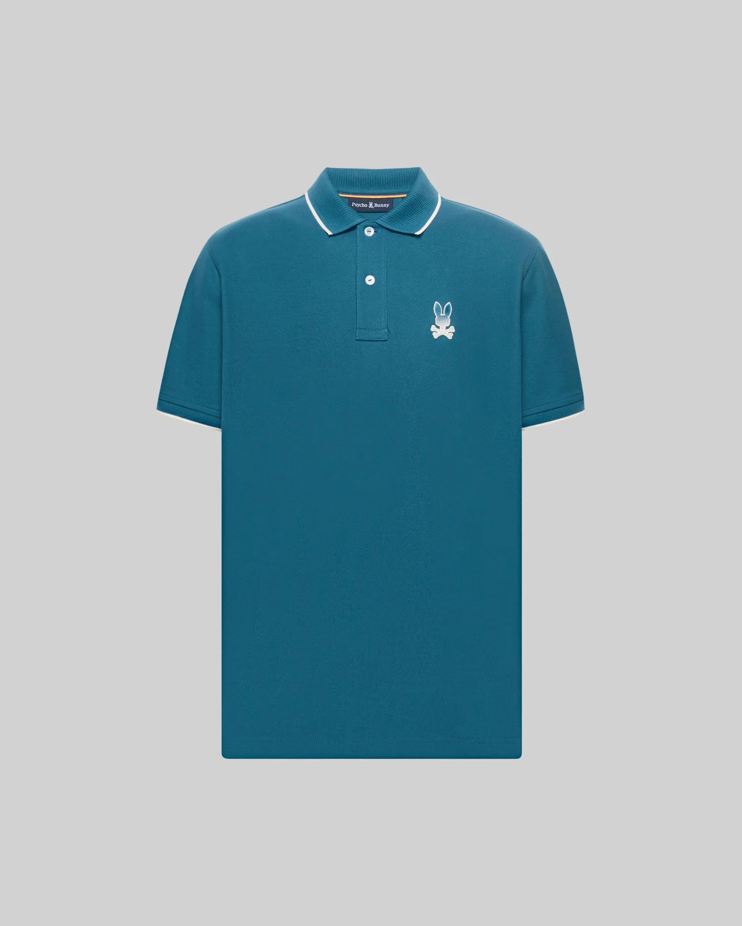 Mens Aram Pique Polo, a classic fit teal pique polo shirt with white tipped collar and cuffs, two-button placket, and an embroidered white Psycho Bunny skull logo on the left chest. (5)