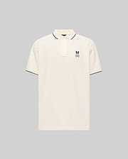 Cream Mens Aram Pique Polo with classic fit, featuring a small embroidered purple Psycho Bunny skull logo on the left chest and navy tipping on the ribbed collar and cuffs. (5)