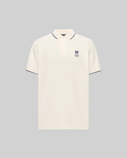 Cream Mens Aram Pique Polo with classic fit, featuring a small embroidered purple Psycho Bunny skull logo on the left chest and navy tipping on the ribbed collar and cuffs. (5)