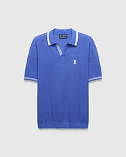 Mens Innis Polo, classic fit, vibrant blue pique knit with cream striped V-neck collar and cuffs, featuring a small embroidered white Psycho Bunny skull logo on the left chest. (5)