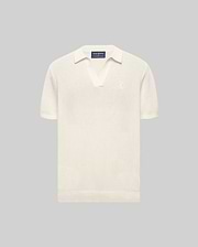 MENS DEVON KNIT POLO in cream, featuring a classic fit, textured knit fabric, open collar, ribbed cuffs and hem, and a small embroidered Psycho Bunny skull logo on the left chest.