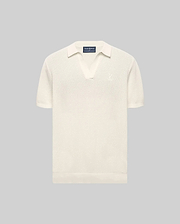 MENS DEVON KNIT POLO in cream, featuring a classic fit, textured knit fabric, open collar, ribbed cuffs and hem, and a small embroidered Psycho Bunny skull logo on the left chest.