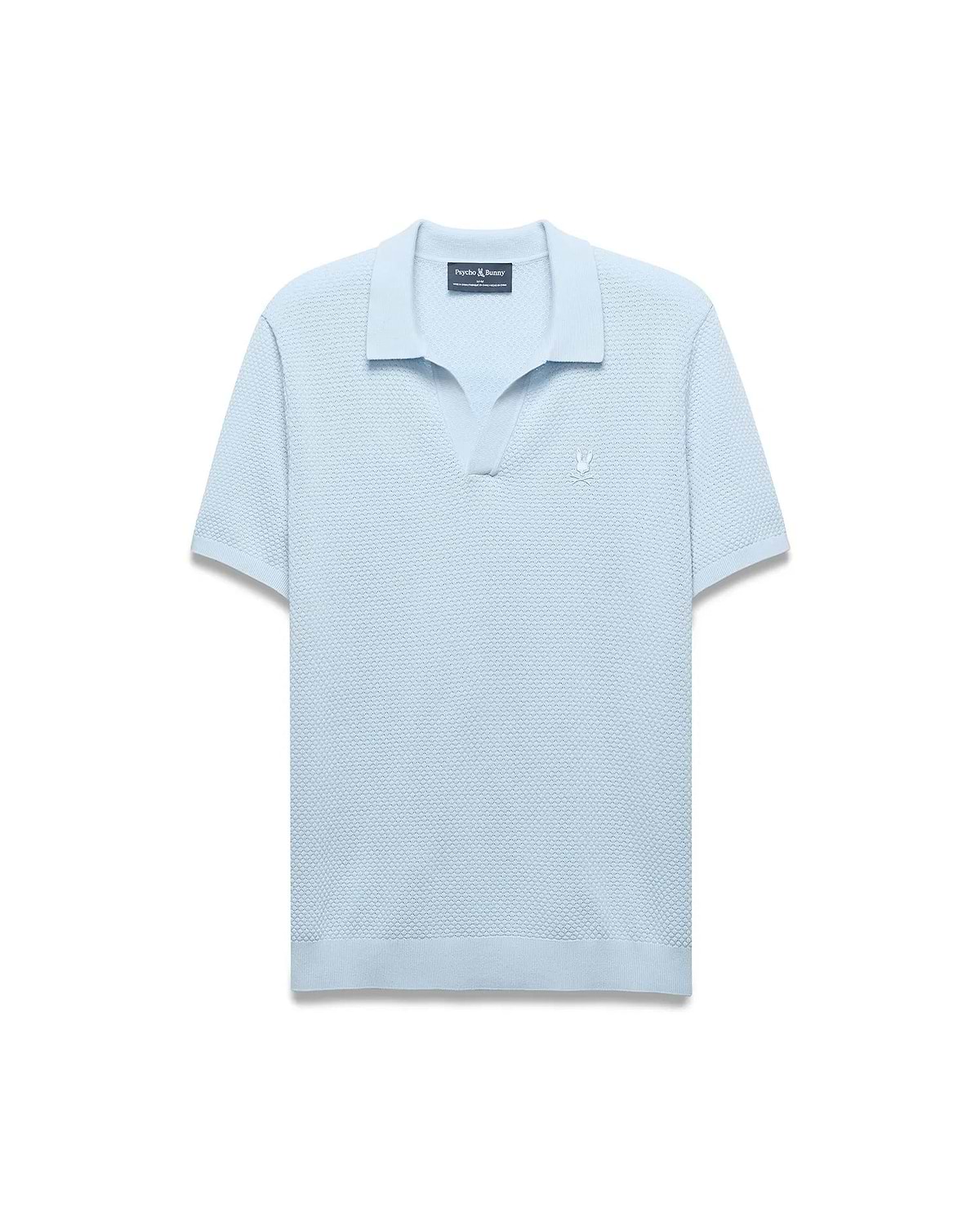 Mens Devon Bubble Stitch Knit Polo, light blue, featuring a classic fit and unique bubble stitch knit texture, with a small embroidered white Psycho Bunny skull logo on the left chest. (6)