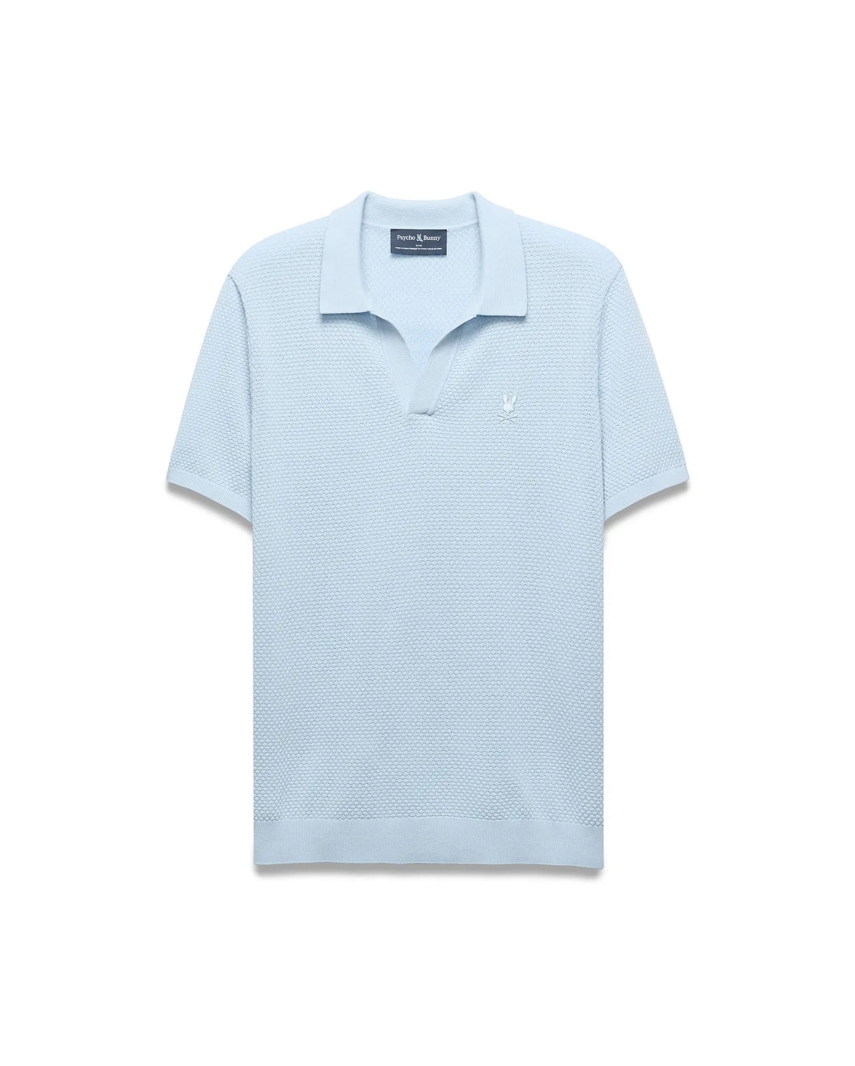 Mens Devon Bubble Stitch Knit Polo, light blue, featuring a classic fit and unique bubble stitch knit texture, with a small embroidered white Psycho Bunny skull logo on the left chest. (6)