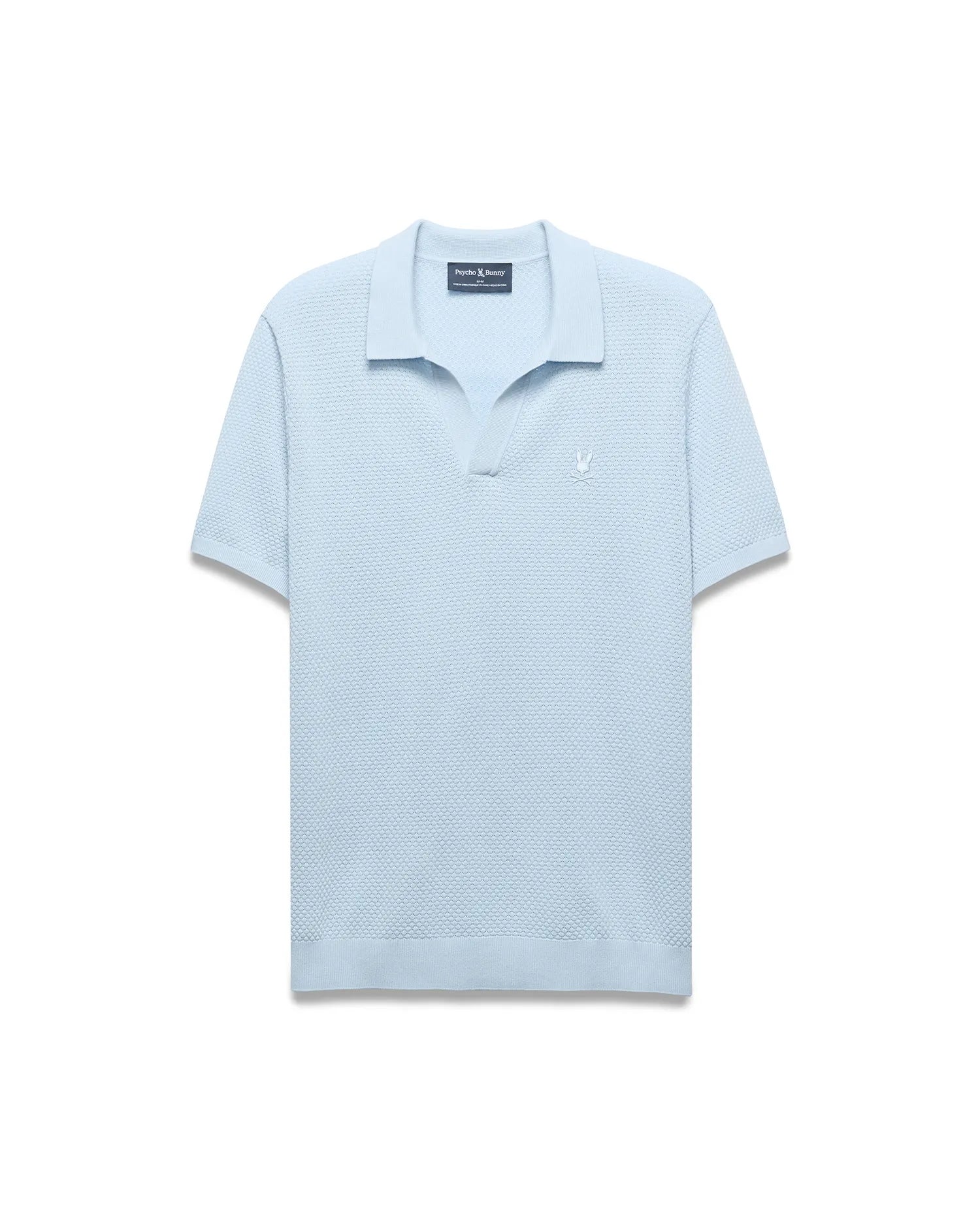 Mens Devon Bubble Stitch Knit Polo, light blue, featuring a classic fit and unique bubble stitch knit texture, with a small embroidered white Psycho Bunny skull logo on the left chest. (6)
