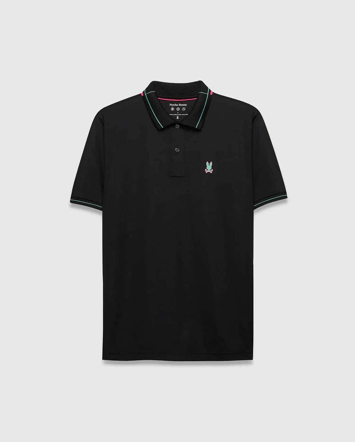 Mens Edwin Sport Polo, black with pink and teal striped collar and cuffs, featuring a small embroidered pink and teal Psycho Bunny skull logo on the left chest, classic fit, smooth performance fabric. (5)