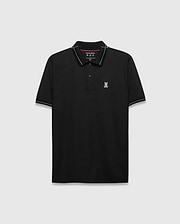 Mens Edwin Sport Polo, black with pink and teal striped collar and cuffs, featuring a small embroidered pink and teal Psycho Bunny skull logo on the left chest, classic fit, smooth performance fabric. (5)