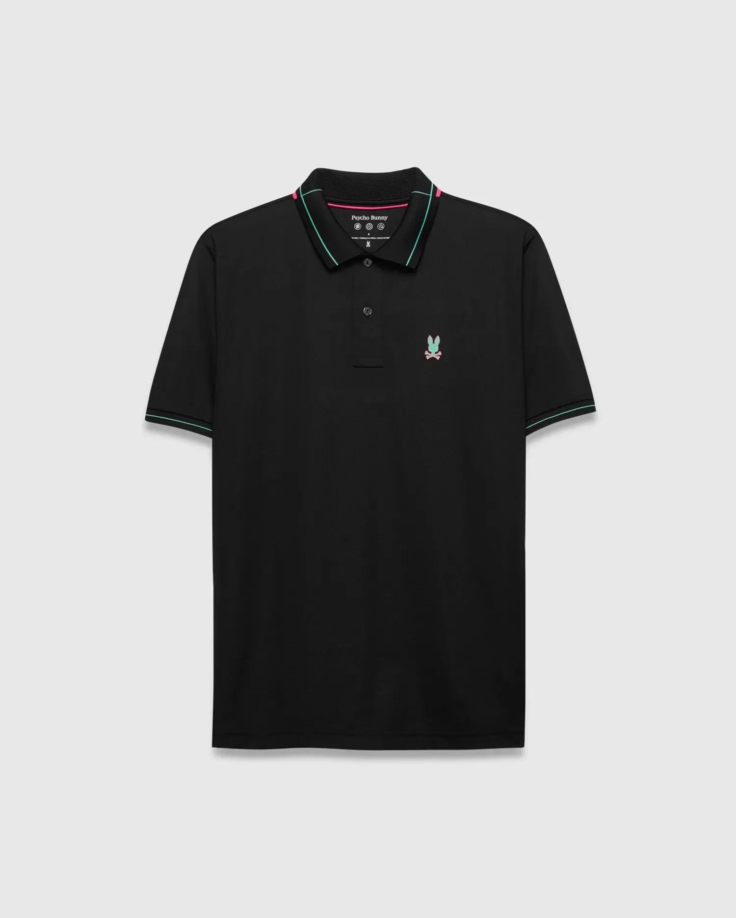 Mens Edwin Sport Polo, black with pink and teal striped collar and cuffs, featuring a small embroidered pink and teal Psycho Bunny skull logo on the left chest, classic fit, smooth performance fabric. (5)