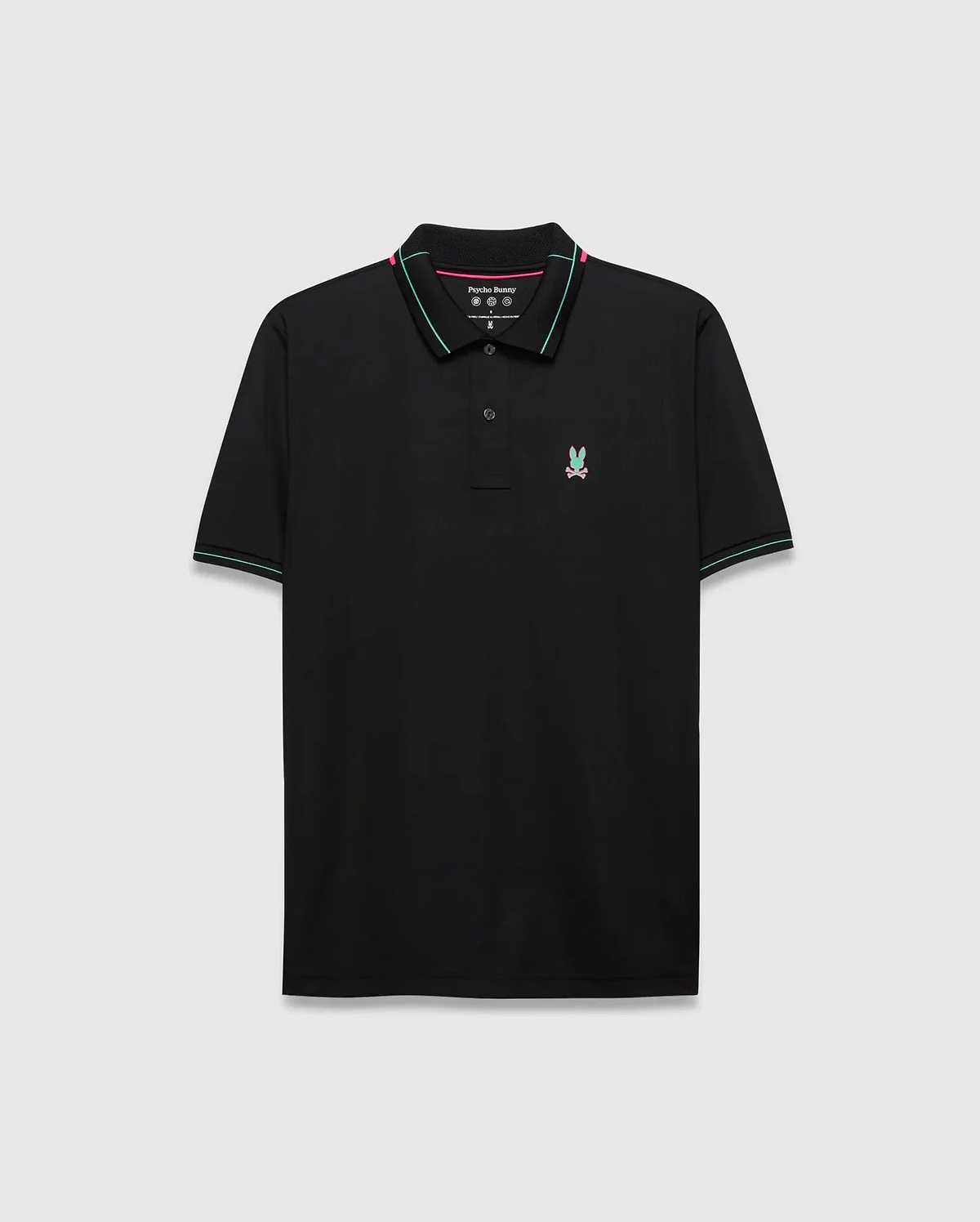 Mens Edwin Sport Polo, black with pink and teal striped collar and cuffs, featuring a small embroidered pink and teal Psycho Bunny skull logo on the left chest, classic fit, smooth performance fabric. (5)