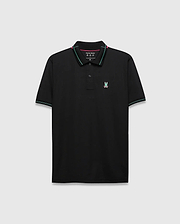 Mens Edwin Sport Polo, black with pink and teal striped collar and cuffs, featuring a small embroidered pink and teal Psycho Bunny skull logo on the left chest, classic fit, smooth performance fabric. (5)