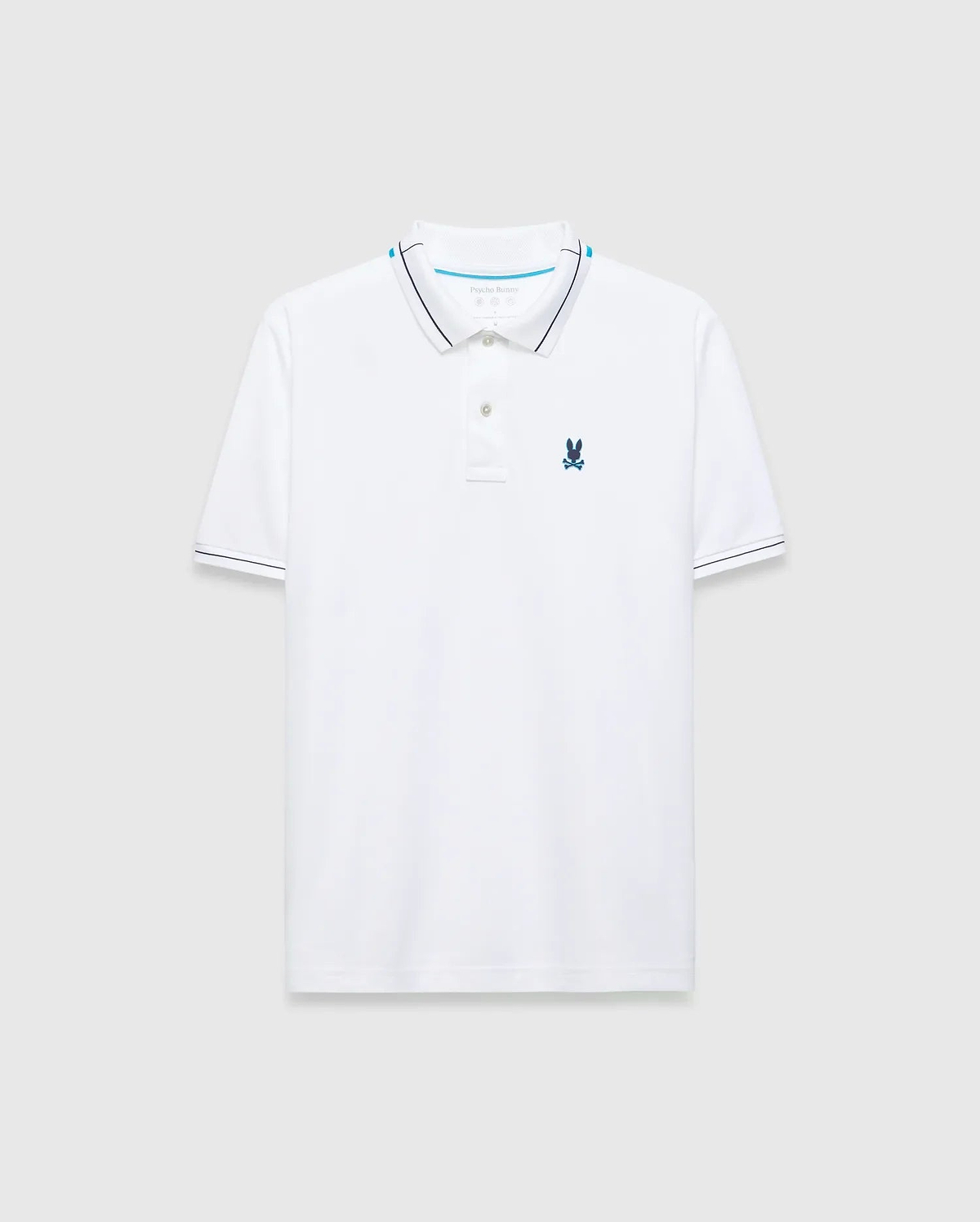 Mens Edwin Sport Polo, white pique knit, classic fit, with navy and light blue tipped collar and cuffs, featuring a small embroidered light blue Psycho Bunny skull logo on the left chest.
