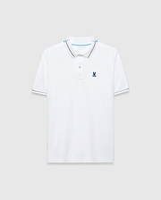 Mens Edwin Sport Polo, white pique knit, classic fit, with navy and light blue tipped collar and cuffs, featuring a small embroidered light blue Psycho Bunny skull logo on the left chest.