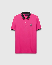 Mens Nate Pique Polo in hot pink pique knit, featuring a classic fit, black ribbed collar with white tipping, matching cuffs, and an embroidered multi-color Psycho Bunny skull logo on the left chest. (5)