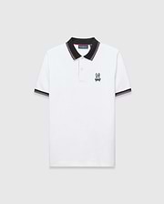 Mens Nate Pique Polo, classic fit, white pique fabric with a black ribbed collar and cuffs with pink/white stripes. A small, embroidered pink, teal, and black Psycho Bunny skull logo on the left chest.