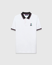 Mens Nate Pique Polo, classic fit, white pique fabric with a black ribbed collar and cuffs with pink/white stripes. A small, embroidered pink, teal, and black Psycho Bunny skull logo on the left chest.