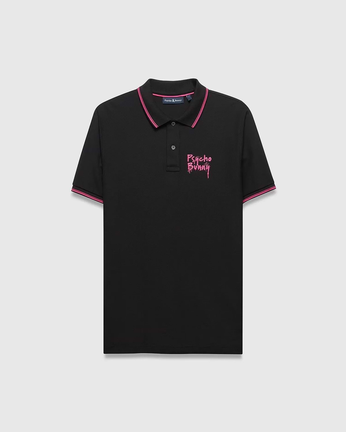 Mens Duncan Pique Polo, black pique fabric with a classic fit, featuring bold pink tipping on the collar and cuffs, and a large distressed pink Psycho Bunny graphic on the left chest.
