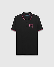 Mens Duncan Pique Polo, black pique fabric with a classic fit, featuring bold pink tipping on the collar and cuffs, and a large distressed pink Psycho Bunny graphic on the left chest.
