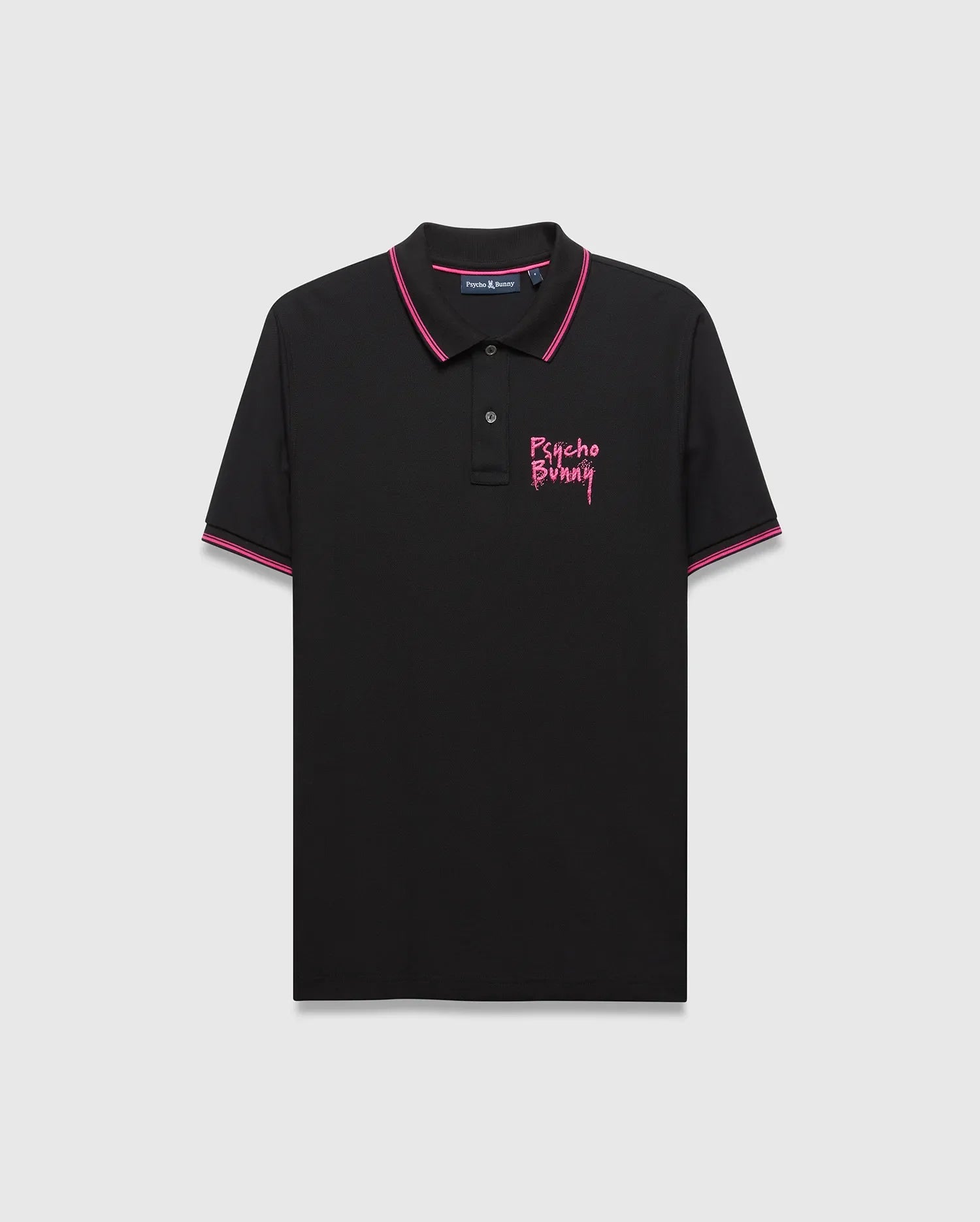 Mens Duncan Pique Polo, black pique fabric with a classic fit, featuring bold pink tipping on the collar and cuffs, and a large distressed pink Psycho Bunny graphic on the left chest.