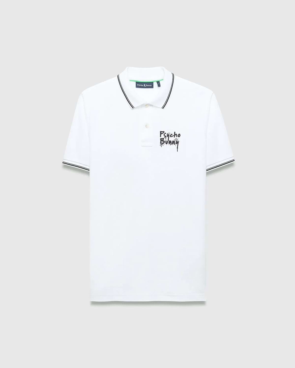 Mens Duncan Pique Polo, white classic fit pique polo with black striped collar and cuffs, featuring a distressed black Psycho Bunny text logo embroidered on the left chest and green neck tape.