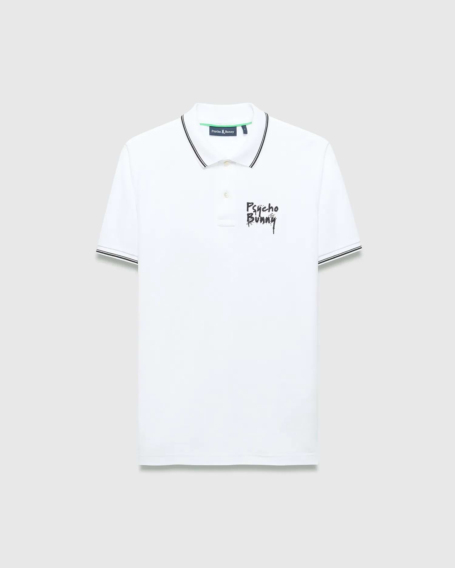 Mens Duncan Pique Polo, white classic fit pique polo with black striped collar and cuffs, featuring a distressed black Psycho Bunny text logo embroidered on the left chest and green neck tape.