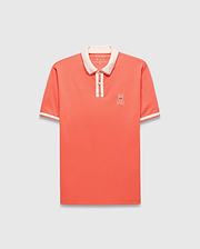 Mens Ridley Pique Polo in coral pique, featuring a classic fit, cream ribbed collar and cuffs with stripes, a two-button placket with cream stripe, and an embroidered white Psycho Bunny skull logo on the left chest. (6)