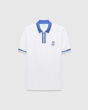 Mens Ridley Pique Polo, white with classic fit, features a blue ribbed collar, two-button placket with blue stripe, blue ribbed cuffs, and an embroidered blue Psycho Bunny skull logo on the left chest. (4)