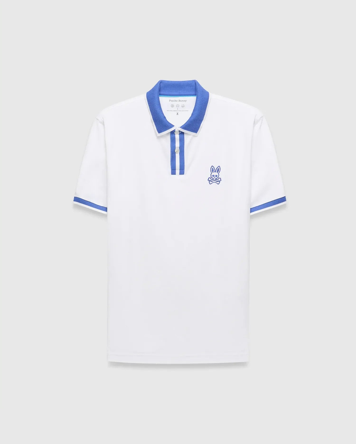 Mens Ridley Pique Polo, white with classic fit, features a blue ribbed collar, two-button placket with blue stripe, blue ribbed cuffs, and an embroidered blue Psycho Bunny skull logo on the left chest. (4)