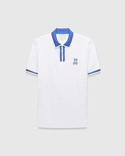 Mens Ridley Pique Polo, white with classic fit, features a blue ribbed collar, two-button placket with blue stripe, blue ribbed cuffs, and an embroidered blue Psycho Bunny skull logo on the left chest. (4)