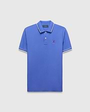 Mens Brad Pique Polo in vibrant blue, classic fit, with white tipped collar and sleeves, featuring a small purple embroidered Psycho Bunny skull logo on the left chest.