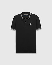Mens Brad Pique Polo, black classic fit with white and gold striped collar and cuffs, featuring a small embroidered light pink/cream Psycho Bunny skull logo on the left chest. (5)