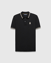 Mens Brad Pique Polo, black classic fit with white and gold striped collar and cuffs, featuring a small embroidered light pink/cream Psycho Bunny skull logo on the left chest. (5)