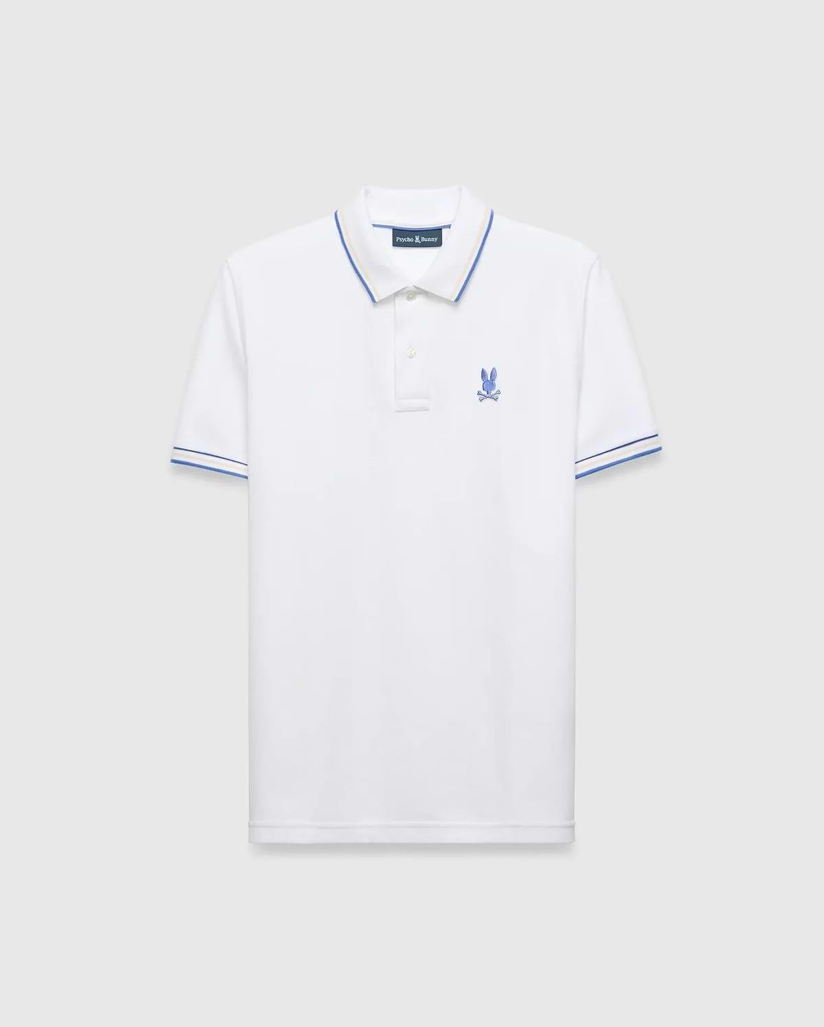 Mens Brad Pique Polo, white classic fit pique polo with blue and yellow tipping on collar and cuffs, featuring a small embroidered blue Psycho Bunny skull logo on the left chest.