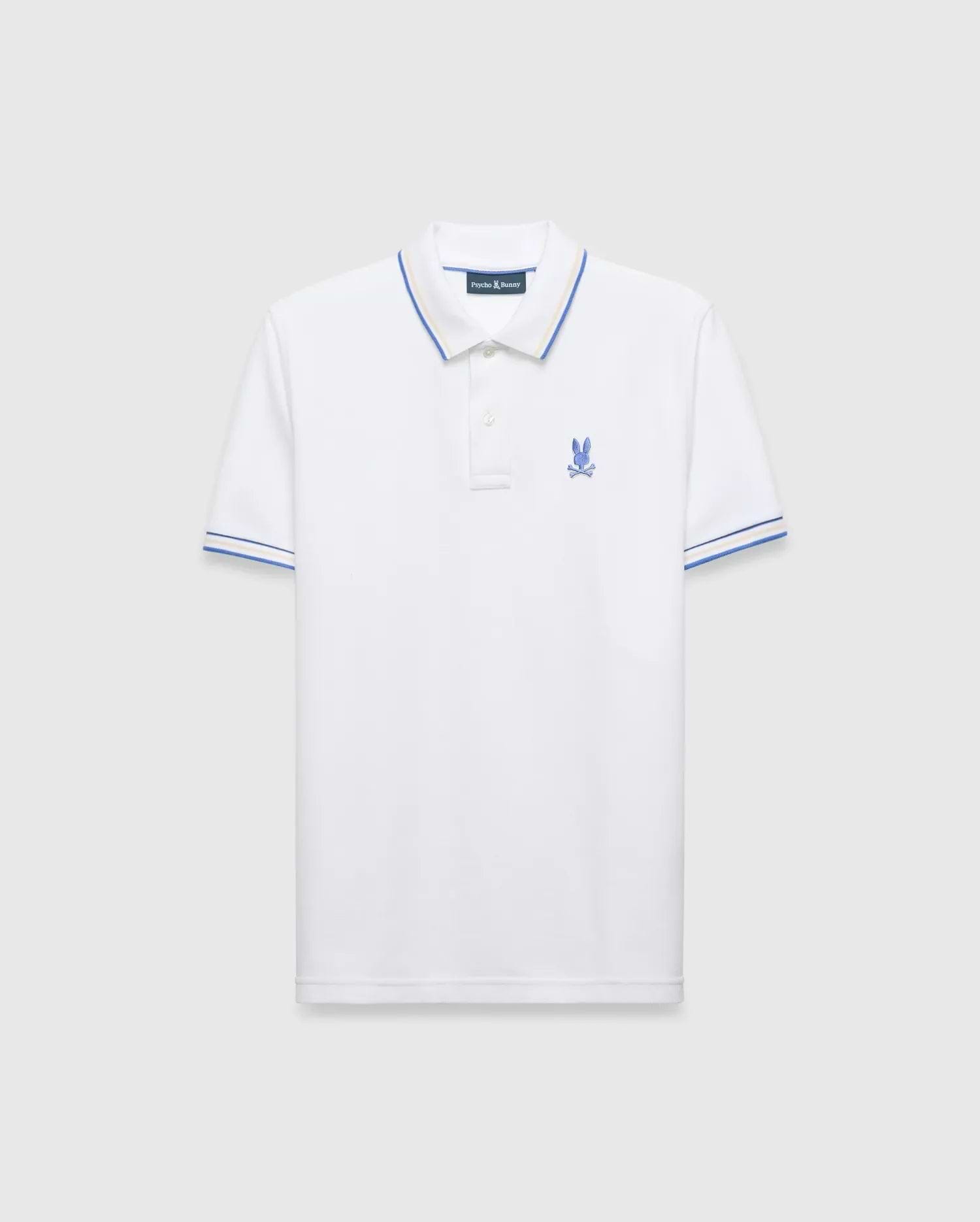 Mens Brad Pique Polo, white classic fit pique polo with blue and yellow tipping on collar and cuffs, featuring a small embroidered blue Psycho Bunny skull logo on the left chest.