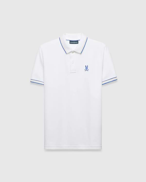 Mens Brad Pique Polo, white classic fit pique polo with blue and yellow tipping on collar and cuffs, featuring a small embroidered blue Psycho Bunny skull logo on the left chest.