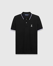 Mens Sunny Pique Polo, black classic fit pique polo with white and blue striped collar and cuffs, featuring an embroidered white Psycho Bunny skull logo on the left chest. (5)