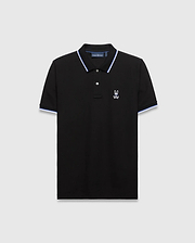 Mens Sunny Pique Polo, black classic fit pique polo with white and blue striped collar and cuffs, featuring an embroidered white Psycho Bunny skull logo on the left chest. (5)