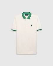 Mens Sunny Pique Polo, cream classic fit pique knit with a green collar and striped cuffs, featuring a small embroidered green Psycho Bunny skull logo on the left chest.