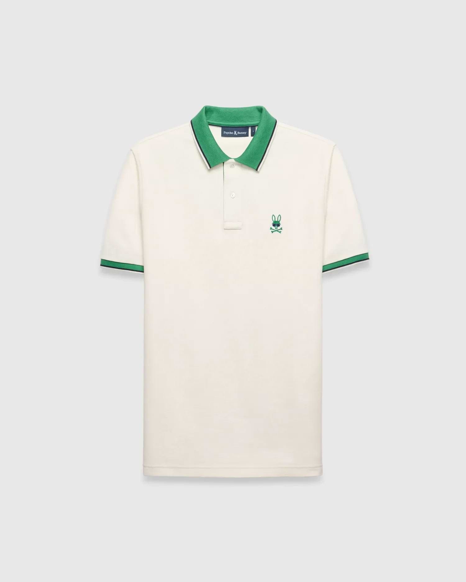 Mens Sunny Pique Polo, cream classic fit pique knit with a green collar and striped cuffs, featuring a small embroidered green Psycho Bunny skull logo on the left chest.