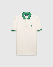 Mens Sunny Pique Polo, cream classic fit pique knit with a green collar and striped cuffs, featuring a small embroidered green Psycho Bunny skull logo on the left chest.