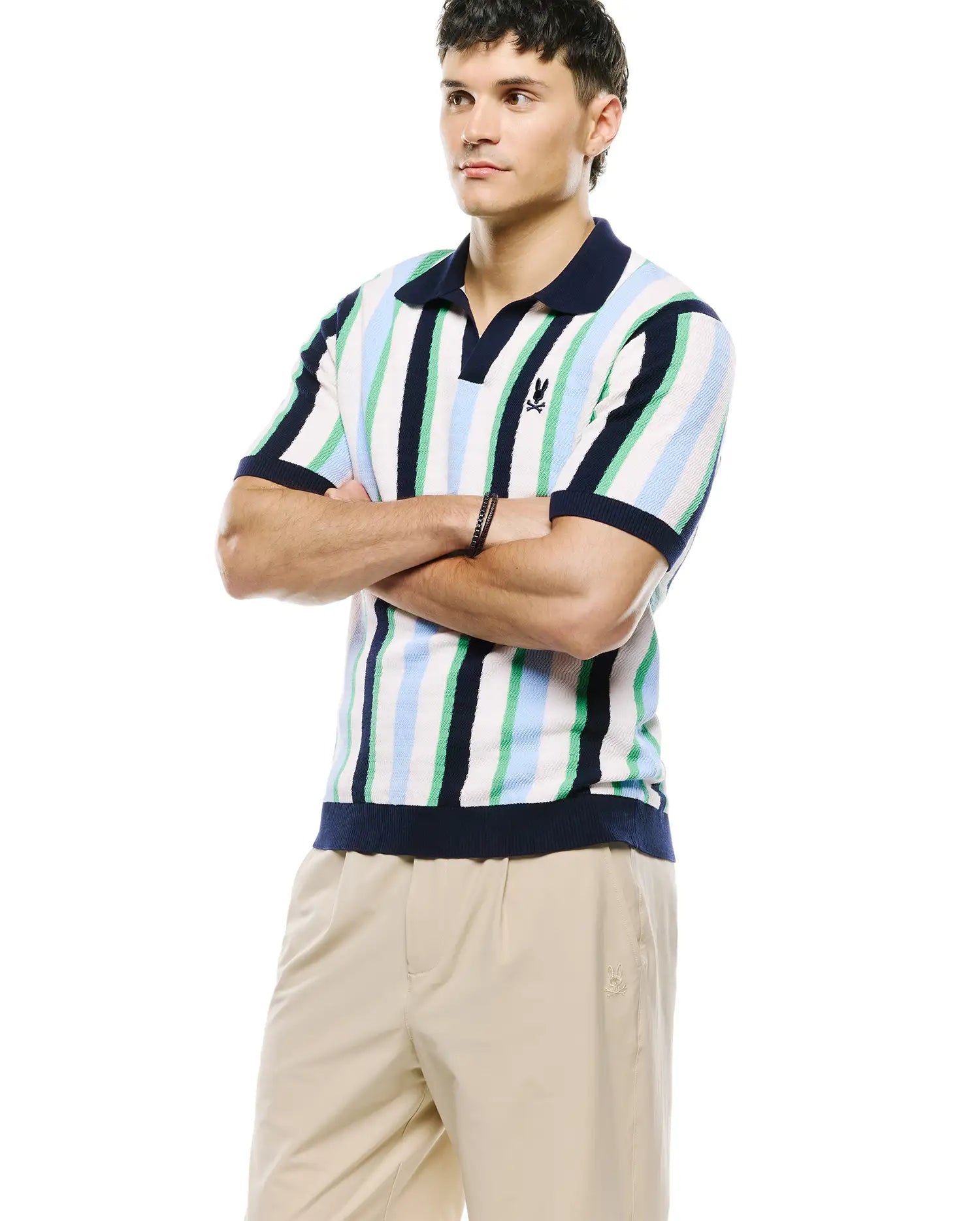 Mens Wren Stripe Knit Polo, a classic fit knit polo with white, navy, light blue, and green vertical stripes, featuring a navy collar and cuffs, and a small embroidered Psycho Bunny skull logo on the left chest. (4)
