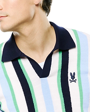 Mens Wren Stripe Knit Polo, a classic fit textured knit polo with white, navy, light blue, and mint green vertical stripes, featuring a navy collar and small embroidered navy Psycho Bunny skull logo on the left chest. (3)