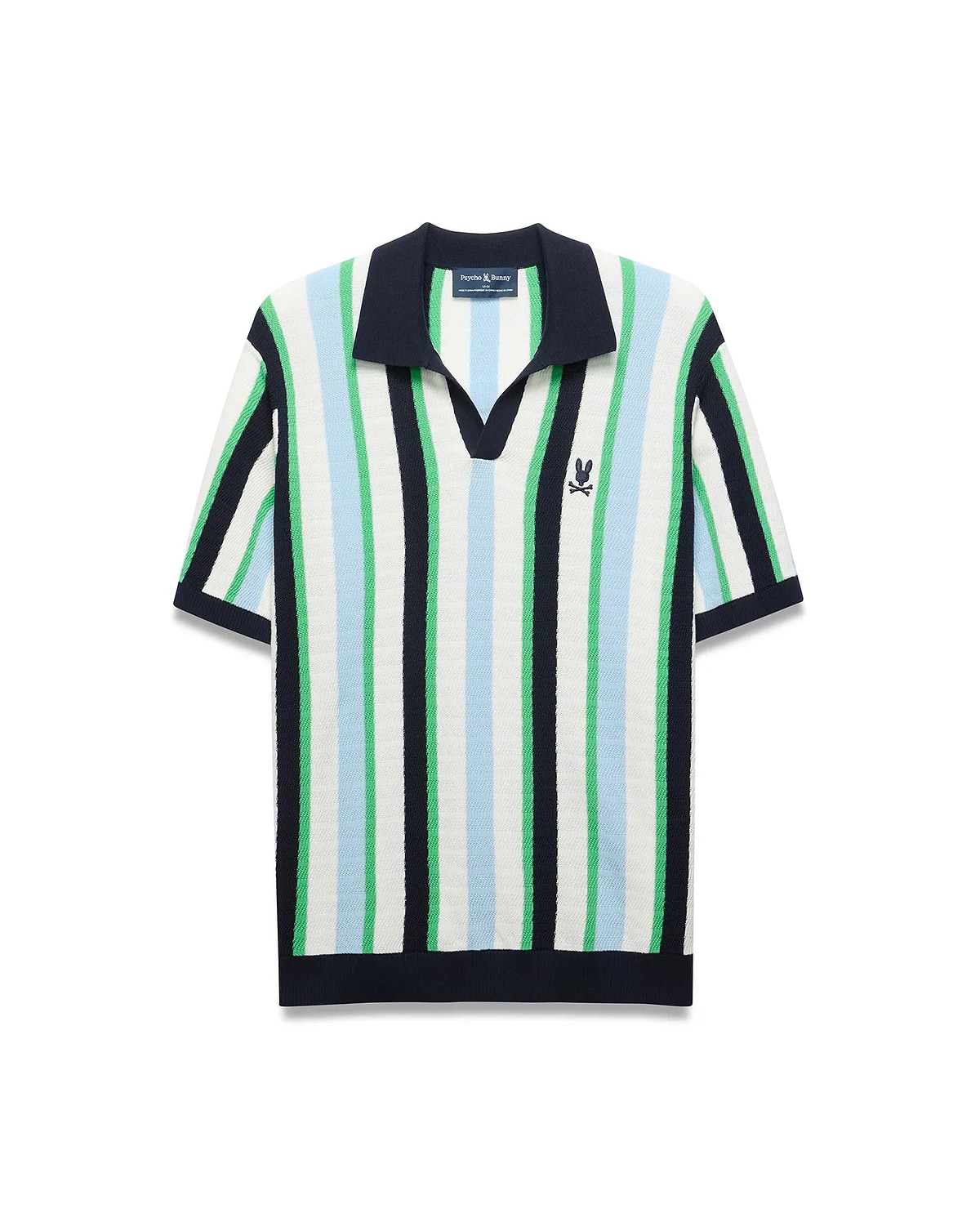 Mens Wren Stripe Knit Polo, a classic fit knit polo with vertical stripes in white, light blue, and green, featuring a navy V-neck collar, ribbed cuffs, hem, and a small embroidered Psycho Bunny skull logo on the left chest. (6)