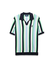 Mens Wren Stripe Knit Polo, a classic fit knit polo with vertical stripes in white, light blue, and green, featuring a navy V-neck collar, ribbed cuffs, hem, and a small embroidered Psycho Bunny skull logo on the left chest. (6)
