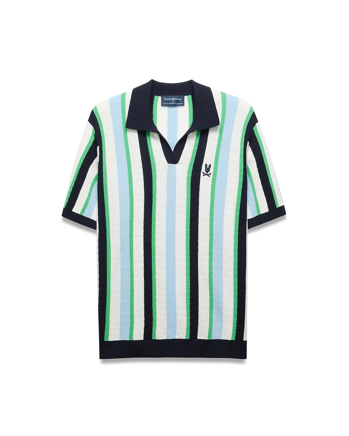 Mens Wren Stripe Knit Polo, a classic fit knit polo with vertical stripes in white, light blue, and green, featuring a navy V-neck collar, ribbed cuffs, hem, and a small embroidered Psycho Bunny skull logo on the left chest. (6)