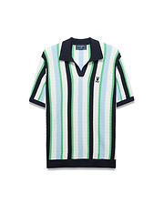 Mens Wren Stripe Knit Polo, a classic fit knit polo with vertical stripes in white, light blue, and green, featuring a navy V-neck collar, ribbed cuffs, hem, and a small embroidered Psycho Bunny skull logo on the left chest. (6)