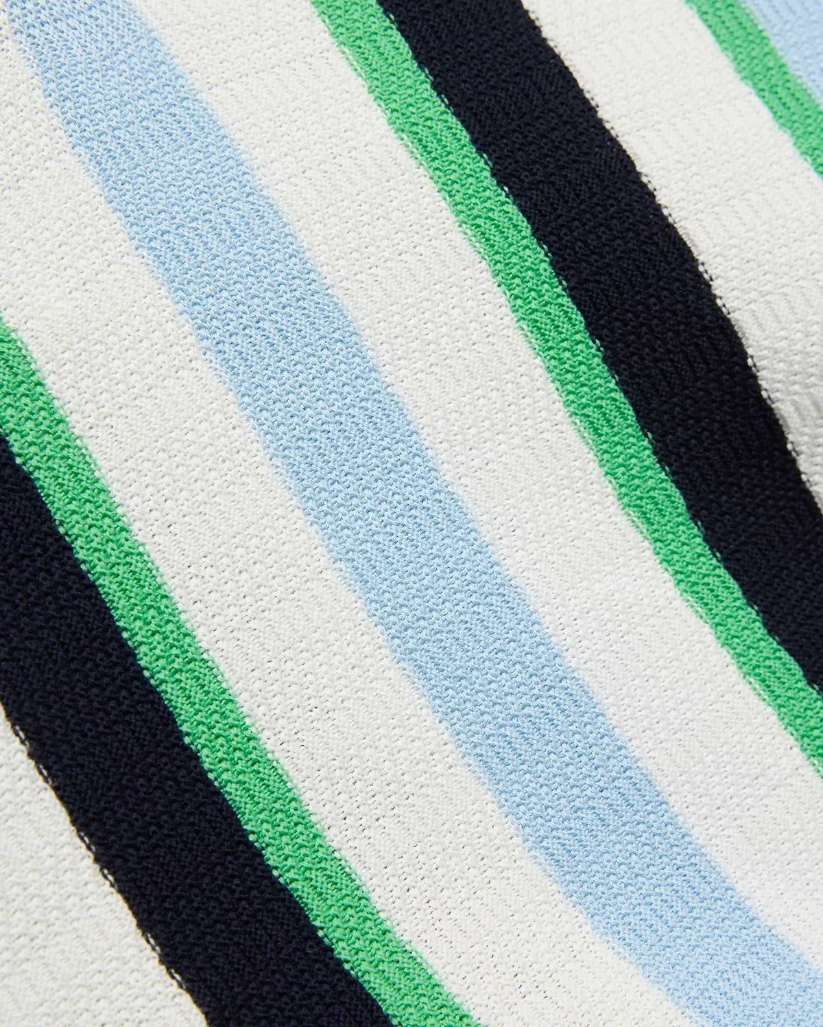 Mens Wren Stripe Knit Polo featuring a textured knit fabric with bold vertical stripes in white, light blue, bright green, and dark navy blue. (7)
