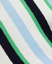 Mens Wren Stripe Knit Polo featuring a textured knit fabric with bold vertical stripes in white, light blue, bright green, and dark navy blue. (7)