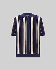 Mens Cliff Knit Zip Polo featuring navy and cream vertical stripes, a relaxed knit texture, quarter-zip placket, and a small embroidered Psycho Bunny skull logo on the left chest. (5)