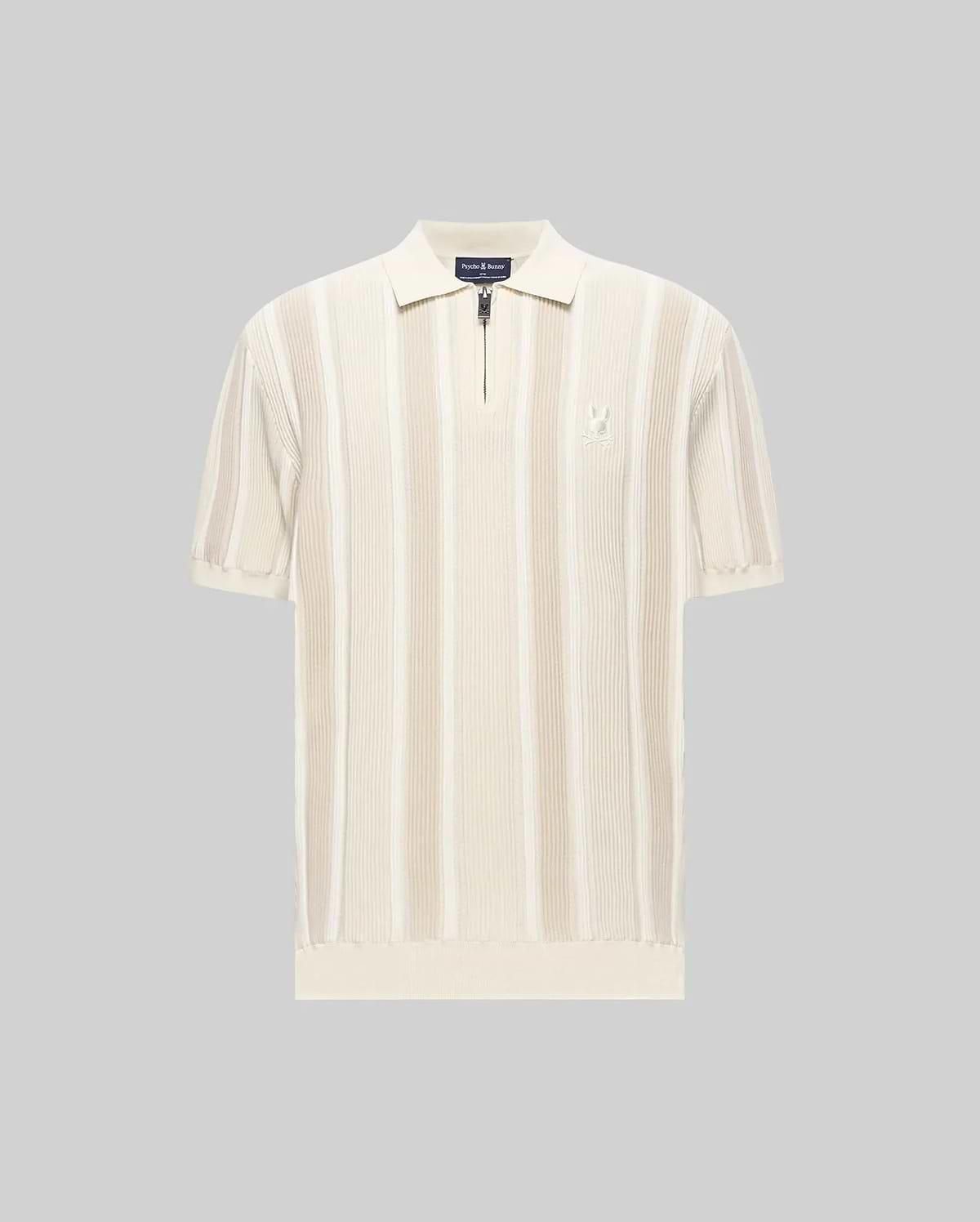 Mens Cliff Knit Zip Polo, a classic fit cream and beige vertical ribbed knit polo with quarter-zip, classic collar, short ribbed sleeves, ribbed hem, and small embroidered Psycho Bunny skull logo on left chest.
